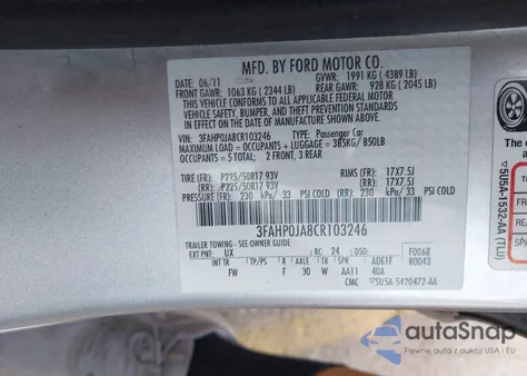 2012 Ford Fusion Sel from USA, damaged, VIN 3FAHP0JA8CR103246